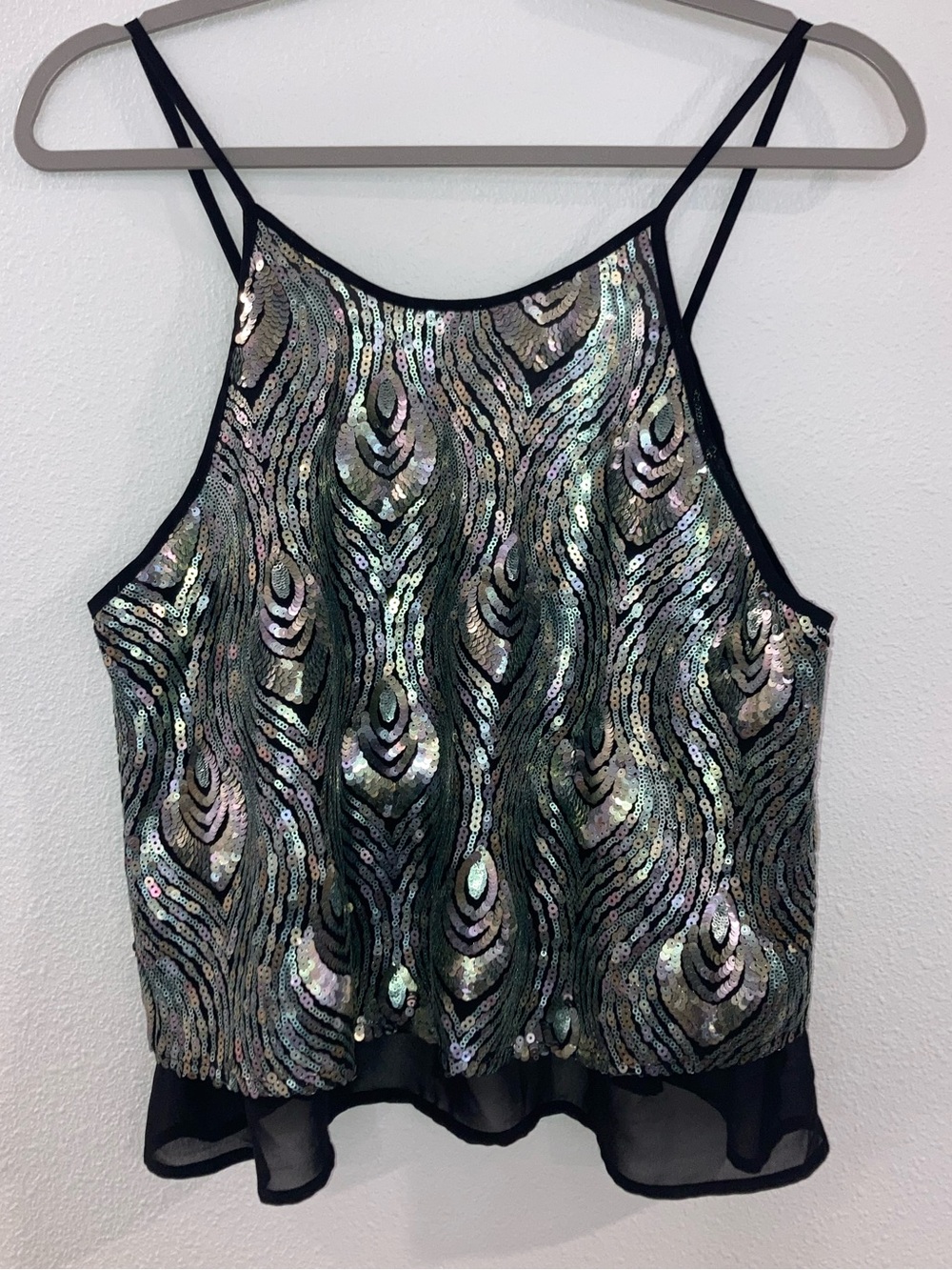 ASTR Peacock Feather Sequin Tank Top Medium Sparkle Clubwear Cocktail Blouse